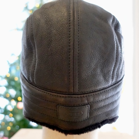 COACH Mens Aviator Motorcycle Hat MEDIUM Black Leather Shearling Vintage USA - Picture 9 of 12